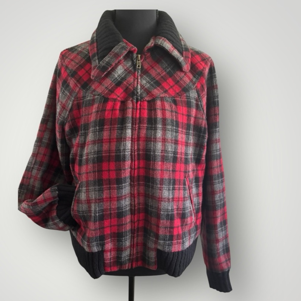 Relativity Red Tartan Plaid Wool Y2K Bomber Zip Up Jacket Women’s Size M